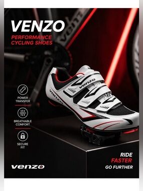 Venzo Men’s Performance Cycling Shoes - White / Black with Red Accents